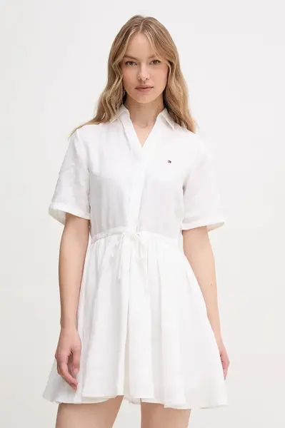Lněné šaty Tommy Hilfiger bílá barva, mini, WW0WW44672