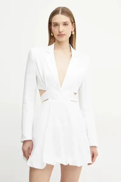 Lněné šaty Bardot bílá barva, mini, 59860DB