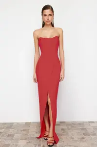 Trendyol Red Corset Detailed Woven Long Evening Dress