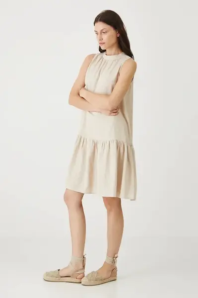 Lněné šaty Medicine béžová barva, mini, oversize