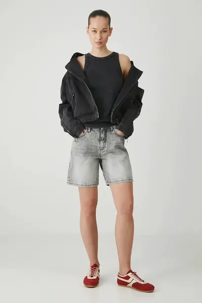 Bavlněné riflové kraťasy Medicine dámské, šedá barva, hladké, high waist