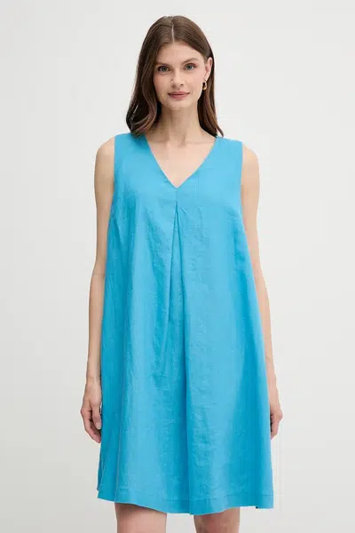 Lněné šaty United Colors of Benetton modrá barva, mini, 4AGHDV0AX