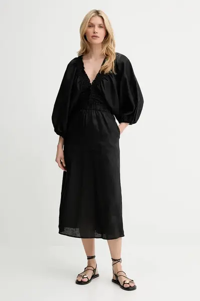 Lněné šaty Answear.LAB černá barva, midi