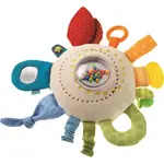 Textilná hrkálka a motorická hračka pre najmenších Dúhový vankúšik