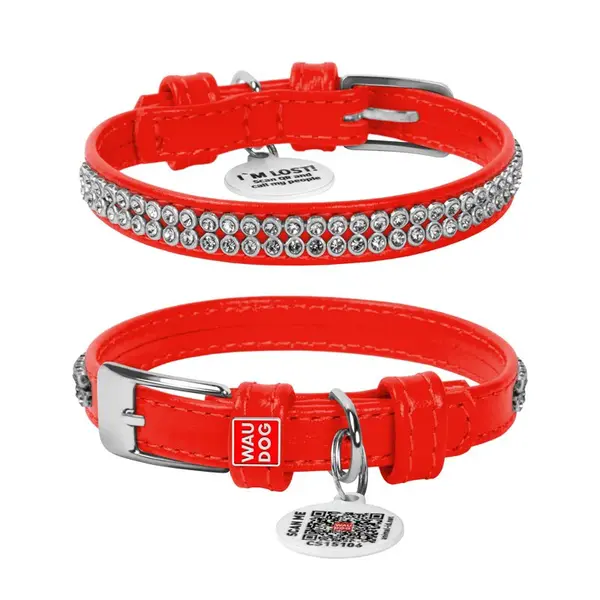 Kožený obojok s kryštálmi červený, Obvod krku: 19-25cm, šírka: 9mm