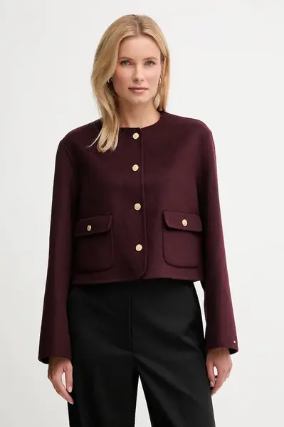 Bunda s vlnou Tommy Hilfiger vínová barva, WW0WW47446