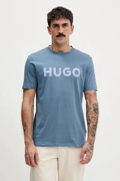 Bavlněné tričko HUGO Dulivio pánské, tyrkysová barva, s potiskem, 50467556