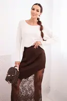 Hnedá viskózová sukňa s čipkou Kesi