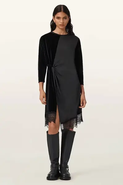 Velurové šaty AllSaints černá barva, mini, W211DD