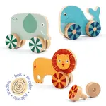 Zvieratá na kolieskach – drevená skrutkovacia hra