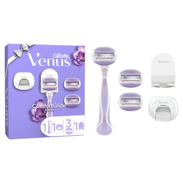 GILLETTE VENUS ComfortGlide Breeze Xmas darčeková sada - holiaci strojček, 3 holiace hlavice, kryt čepele, sprchový vešiak