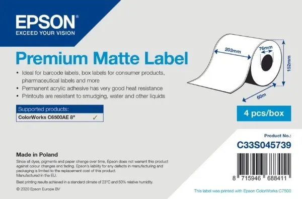 Epson C33S045739 Premium Matte, pro ColorWorks, 203mm x 60m, bílé samolepicí etikety
