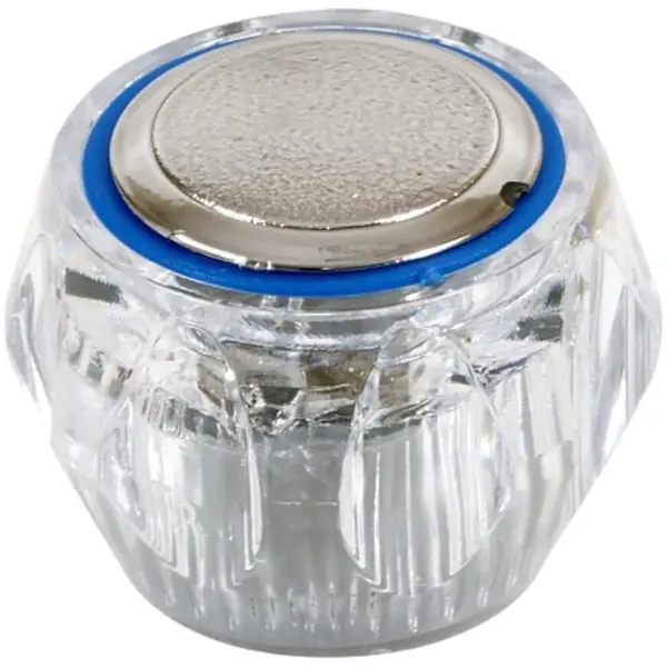 Priehľadný gombík na batériu modrý a červený 15 drážok