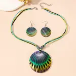 Boho Printed Natural Shell Graffiti Flat Round Pendant Earrings & Necklaces Set