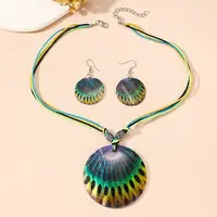 Boho Printed Natural Shell Graffiti Flat Round Pendant Earrings & Necklaces Set