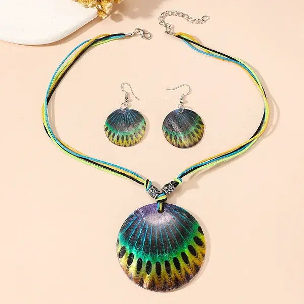 Boho Printed Natural Shell Graffiti Flat Round Pendant Earrings & Necklaces Set