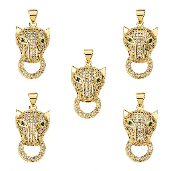 5Pcs Brass Micro Pave Clear & Green Cubic Zirconia Pendants