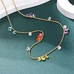 304 Stainless Steel Ball Chain Colorful Cubic Zirconia Flat Round Tassel Necklaces for Women