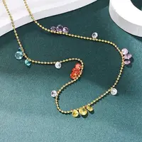 304 Stainless Steel Ball Chain Colorful Cubic Zirconia Flat Round Tassel Necklaces for Women