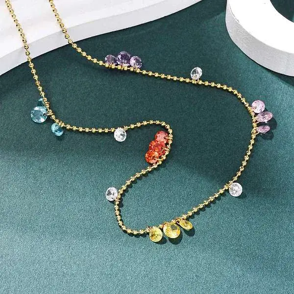 304 Stainless Steel Ball Chain Colorful Cubic Zirconia Flat Round Tassel Necklaces for Women