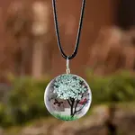 Flat Round Glass with Dried Flower Tree Inner Pendant Black Waxed Cord Necklaces