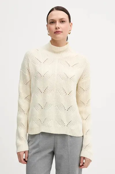 Svetr s příměsí vlny United Colors of Benetton béžová barva, s pologolfem, 1FDFD10F2