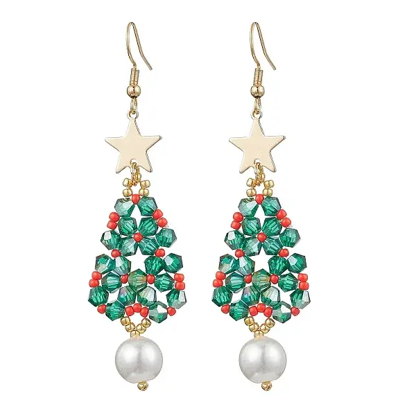 Glass Seed & Glass Pearl Beads Tree Dangle Earrings