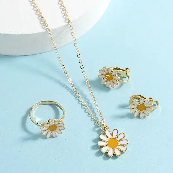 Daisy Alloy Enamel Pendant Necklaces & Earrings & Rings Sets
