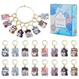 16Pcs 8 Style Cat Shape Alloy Enamel Pendant Locking Stitch Markers