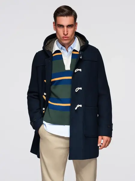 Ombre Men's wool and hooded duffle coat - navy blue
