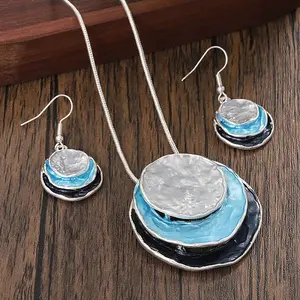 Three Flat Round Zinc Alloy Enamel Pendant Necklaces & Dangle Earrings Sets