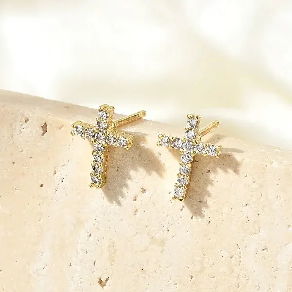 Brass Micro Pave Clear Cubic Zirconia Stud Earrings