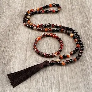 Natural Agate Round Beaded Pendant Necklaces & Bracelets Sets