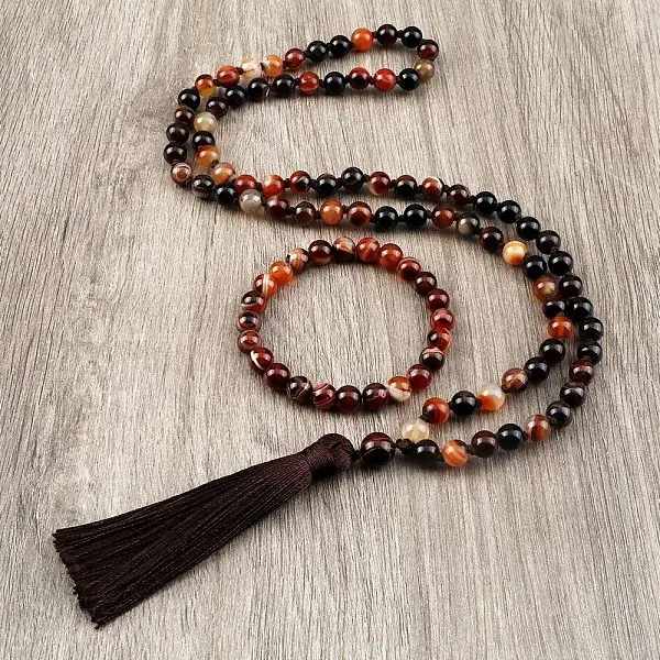 Natural Agate Round Beaded Pendant Necklaces & Bracelets Sets