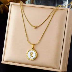 304 Stainless Steel with Natural White Shell Square Disc Pendant Double Layer Necklaces