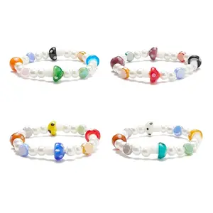 Lampwork Mushroom & Glass Pearl Beaded Stretch Bracelet for Kids
