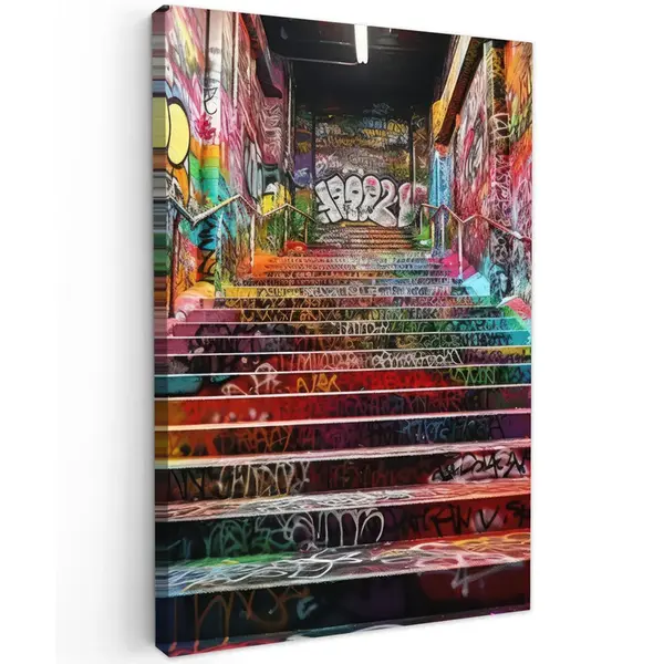 MuchoWow OBRAZ NA PLÁTNĚ Schody - Graffiti - Barvy - Umění 60x90 cm
