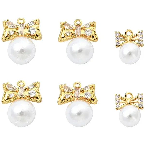 6Pcs 3 Styles Brass Plastic Pearl Pendants
