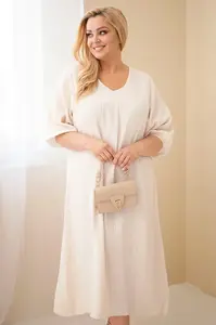Bavlnené šaty Plus Size s V-výstrihom béžové