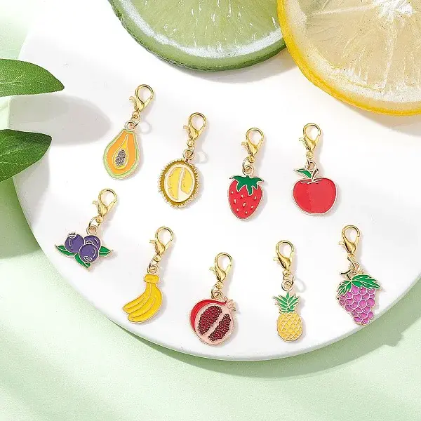 9Pcs Fruits Alloy Enamel Pendant Decorations