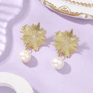 Brass Shell Pearl Stud Earrings for Women