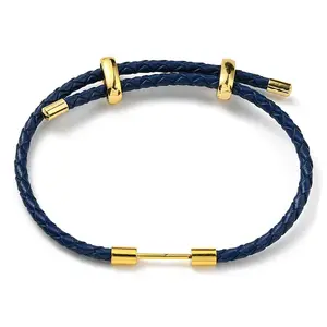 Brass Column Bar Link Bracelet with Leather Cords