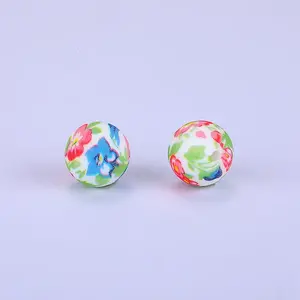 Printed Round with Flower Pattern Silicone Focal Beads