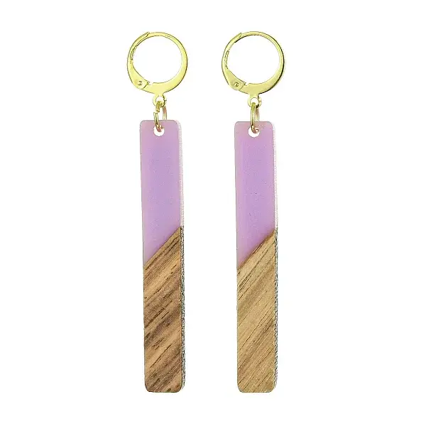 Two Tone Resin & Walnut Wood Rectangle Dangle Leverback Earrings