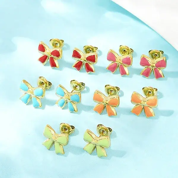 304 Stainless Steel Enamel Bowknot Stud Earrings
