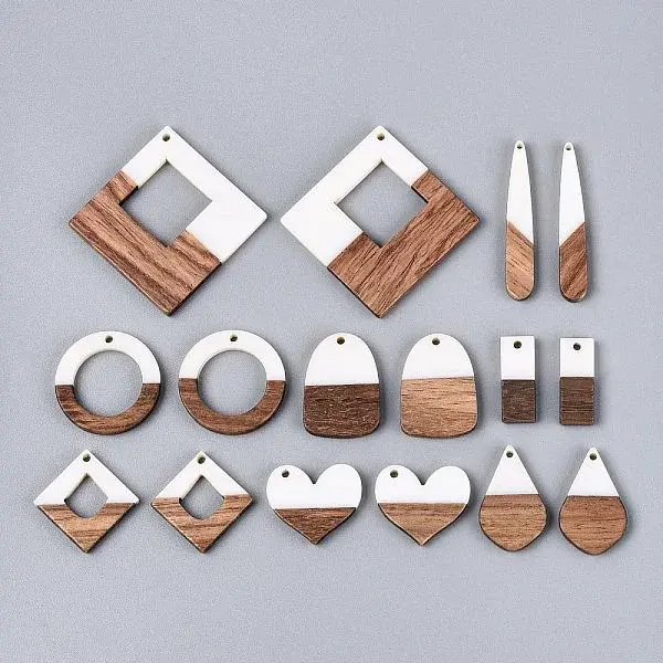 16Pcs 8 Styles Opaque Resin & Walnut Wood Pendants