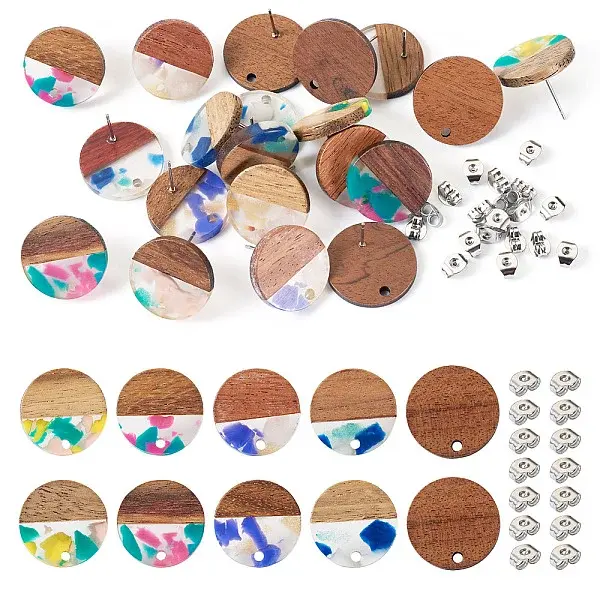 Walnut Wood Flat Round Stud Earrings