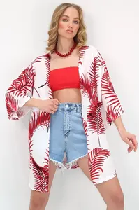Trend Alaçatı Stili Women's Red Patterned Kimono Jacket