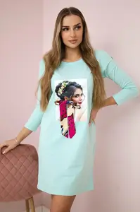 Šaty s grafikou a barevnou mašlí 3D mint