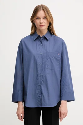 Bavlněná košile Tommy Hilfiger dámská, tmavomodrá barva, relaxed, s klasickým límcem, WW0WW45892